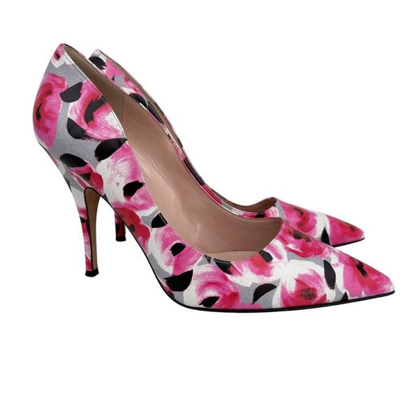 Kate Spade Pump Heels Size 8.5  Licorice Pink Floral Leather Pointed Toe Italy - Picture 2 of 8